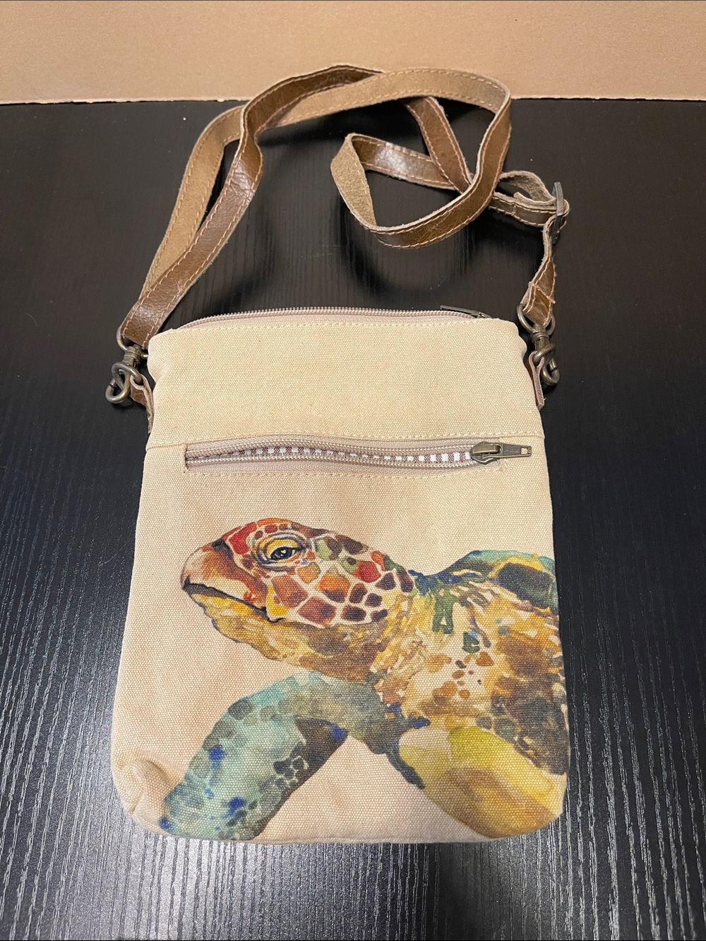 Cott N Curls Beige Canvas Messenger Bag with Colorful Sea Turtle Print